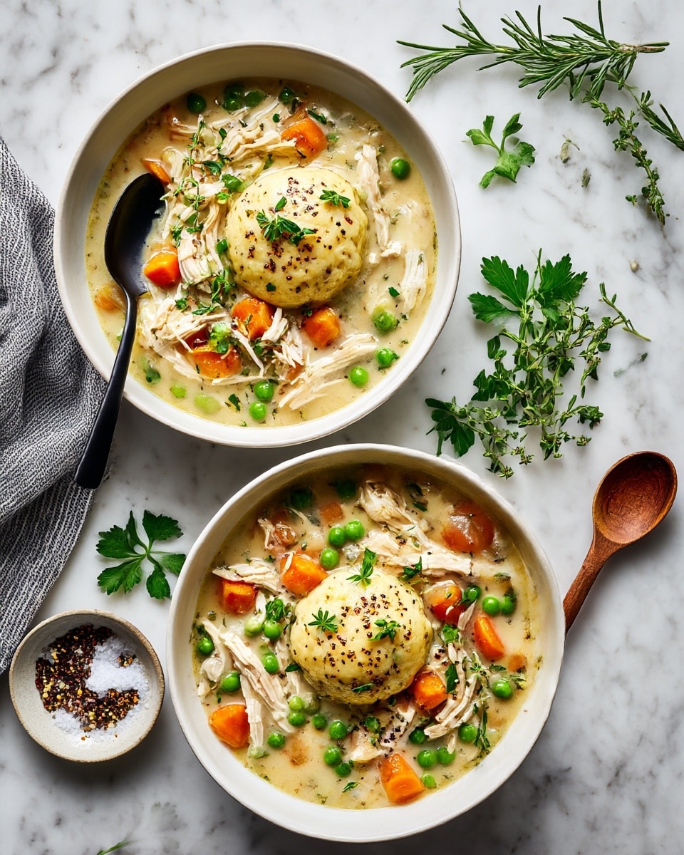 Two bowls of creamy chicken and vegetable soup are shown on a white marbled surface. Each bowl has a light beige soup base filled with chunks of orange carrots, green peas, celery, and shredded chicken. On top, there are two light golden biscuit-like dumplings sprinkled with black pepper and fresh green herb leaves. One bowl has a black spoon resting inside. Around the bowls, fresh green herbs and a small beige dish with salt and pepper with a wooden spoon are placed. A gray and white striped cloth is also partially visible near the bowls. The photo taken with an iphone --ar 4:5 --v 7