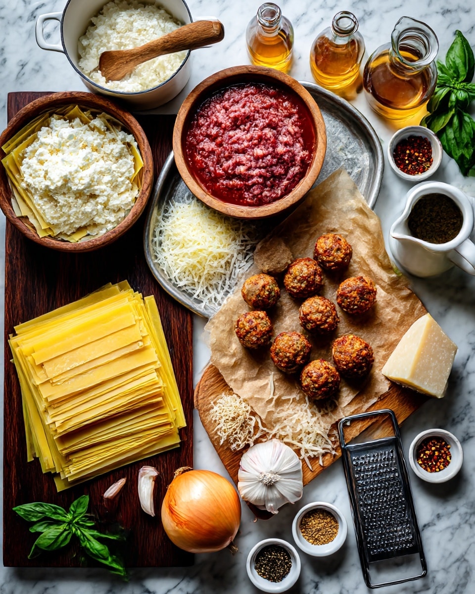 The image shows a flat lay of ingredients for a pasta dish on a dark wooden table. On the left are yellow lasagna pasta sheets with straight edges, stacked in layers. Above the pasta, there is a round white bowl with white ricotta cheese, and a wooden bowl with shredded cheese. To the upper left, a metal white pot with a wooden spoon inside is partially visible. In the center, a silver tray lined with brown parchment paper holds raw red ground meat on the left and several golden-brown fried meatballs on the right. Above the tray, there are glass bottles with light brown and golden liquids. To the right, a wooden board holds a whole peeled yellow onion, chopped onion pieces, and a small knife with a wooden handle. Below the onion, there are garlic bulbs and cloves next to a metal cheese grater with some shredded cheese on it and a solid chunk of parmesan cheese resting on top. A white pitcher of red tomato sauce sits next to the board. On the top right, fresh green basil leaves spread out, surrounded by small bowls containing black pepper, mixed herbs, and red pepper flakes. The entire scene is set on a white marbled surface beneath and near the edges. photo taken with an iphone --ar 4:5 --v 7