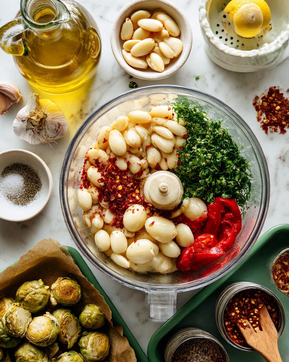 The image shows a top view of a cooking area with fresh Brussels sprouts as the main focus. There is a white bowl full of bright green Brussels sprouts on the upper left, with some loose leaves scattered around. Next to the bowl, there is a wooden cutting board with whole and halved Brussels sprouts in light green and cream colors. To the right of the board, fresh green parsley is laid out. Around the board, there are small bowls and containers with red roasted peppers, light-colored almonds, a clear bottle of golden oil, and small dishes with salt, crushed red pepper flakes, black pepper, and a red spice. Several cloves of garlic and a bright yellow lemon on a glass dish are also visible on the white marbled surface. photo taken with an iphone --ar 4:5 --v 7