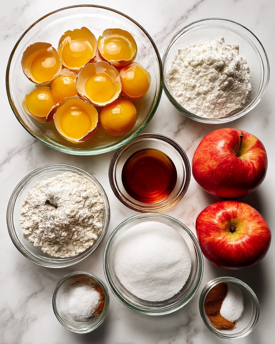 The image shows nine ingredients placed on a white marbled surface. There is a large transparent glass bowl at the top left filled with eight cracked eggs, their yellow yolks shining inside the clear whites. Below this bowl is a smaller bowl with white baking powder, and to its right is a tiny bowl with brown vanilla extract. Next to the vanilla extract, three red apples with shiny skins are stacked vertically. Below the baking powder bowl is a bigger glass bowl full of white sugar. To the right of the sugar, a small bowl contains a pinch of white salt. At the bottom left, a larger bowl is filled with white flour, and to its right, a small bowl holds a small pile of brown apple pie spice. The items are evenly spaced and neatly arranged in a grid-like pattern. Photo taken with an iphone --ar 4:5 --v 7