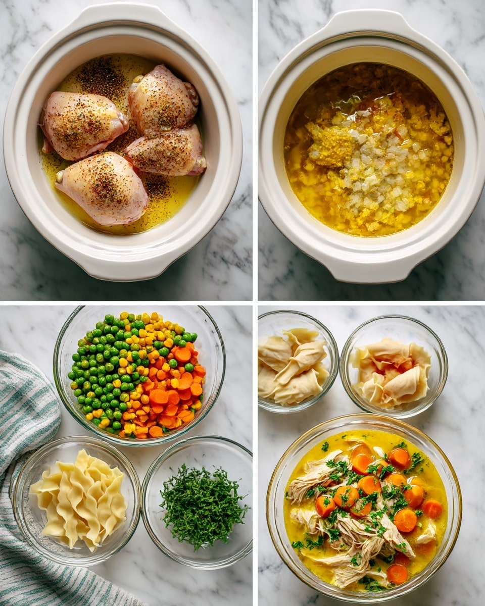 A four-part collage showing a white slow cooker on a white marbled surface. The first part shows three raw chicken pieces seasoned with black pepper on top of chopped onions inside the cooker. The second part shows the chicken covered with yellow broth filling the cooker. The third part shows mixed vegetables (green peas, diced carrots, yellow corn, and green beans) and light beige strips of uncooked dough added into the yellow broth. The fourth part shows the finished dish with shredded chicken, mixed vegetables, and dough strips in a thick yellow broth, all garnished with green herbs. Near the cooker are clear bowls holding the uncooked dough strips and mixed vegetables. A striped kitchen towel is beside the cooker in all images. Photo taken with an iphone --ar 4:5 --v 7