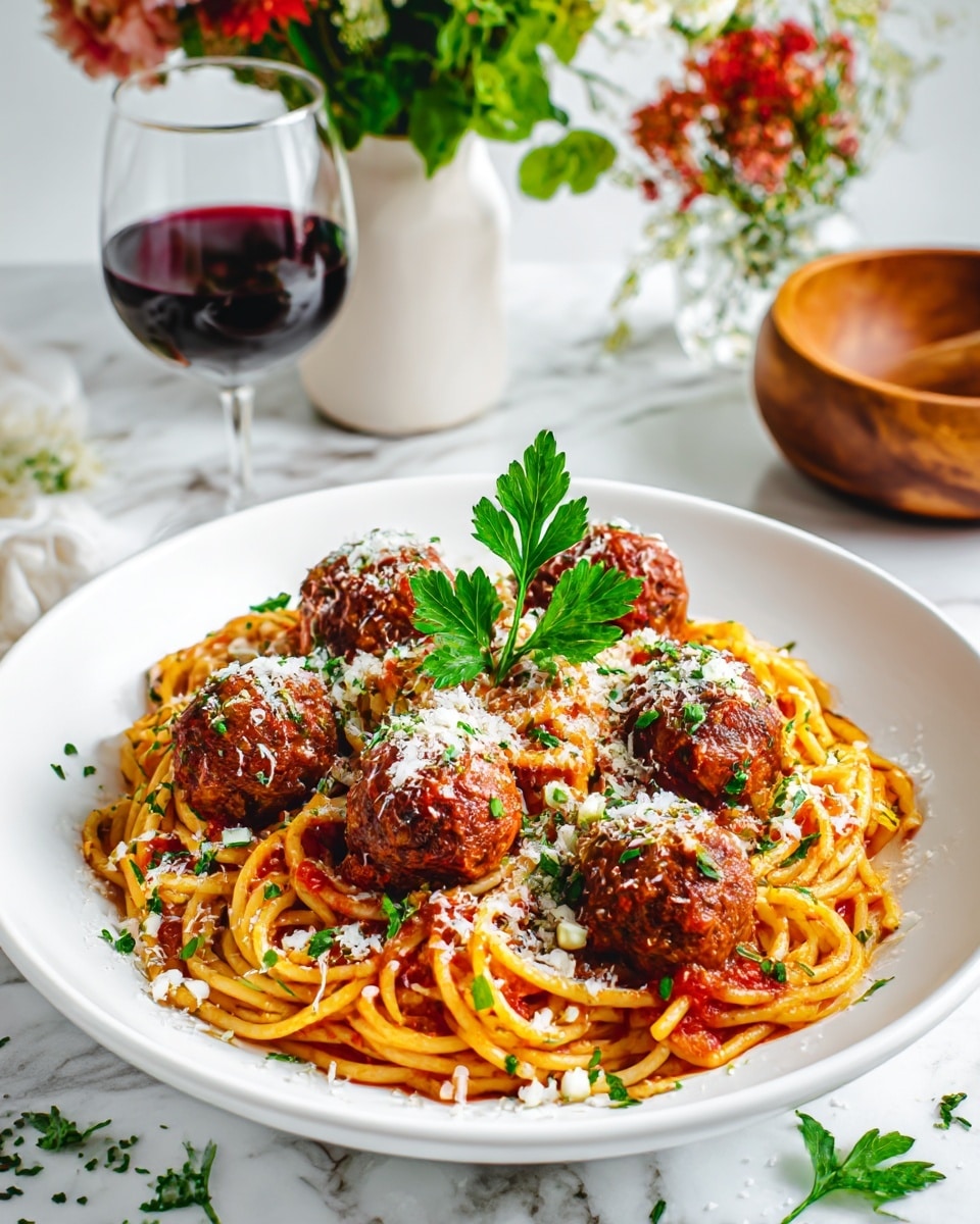 A white plate filled with a nest of golden brown spaghetti mixed with red tomato sauce, topped with several round, browned meatballs that have a slightly rough texture. The spaghetti and meatballs are sprinkled with finely grated white cheese and small green herb pieces. A sprig of bright green parsley lies on top for garnish. In the background, there is a glass of dark red wine, a vase with green leaves and red flowers, and a wooden bowl, all set on a white marbled surface. photo taken with an iphone --ar 4:5 --v 7