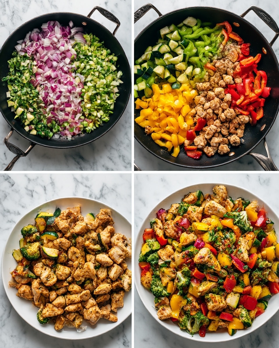 The image shows a sequence of four layers demonstrating the stages of cooking a colorful chicken and vegetable dish in a large black pan with handles, set on a white marbled surface. The first layer features six distinct sections of raw, chopped vegetables in the pan: light purple onions in the top left, green zucchini top center, bright red bell peppers top right, yellow bell peppers bottom left, and green broccoli bottom right. The second layer shows small pieces of light brown cooked chicken spread evenly across the pan. In the third layer, the cooked chicken and the vibrant chopped vegetables are mixed together in the pan, creating a colorful combination of tan chicken pieces, green broccoli, red and yellow bell peppers, and green zucchini. The last layer is a close-up of a white plate filled with the mixed cooked chicken and vegetables, highlighting the varied colors and textures of the dish, with the pan visible in the background on the white marbled surface. Photo taken with an iphone --ar 4:5 --v 7