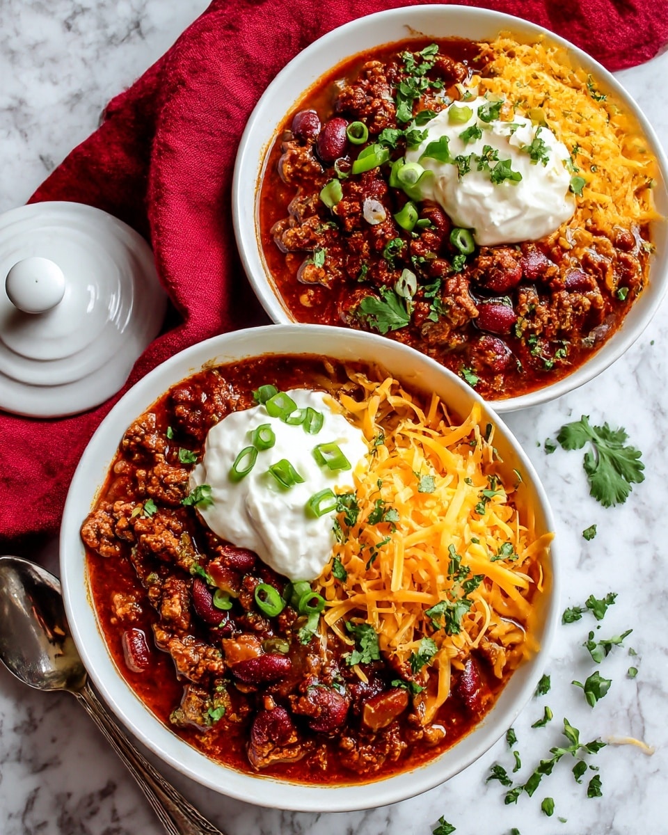 Two white bowls filled with chili sit on a white marbled surface. Each bowl has a base layer of chunky chili with ground meat and diced vegetables in a reddish-brown sauce. On top of the chili, there is a dollop of white sour cream garnished with small green onion rings and chopped cilantro. Next to the sour cream is a pile of shredded orange and yellow cheddar cheese sprinkled with cilantro. A woman's hand is partially visible on the left side near a matching white bowl lid, and a silver spoon rests beside the bowls. A red cloth napkin is placed in the upper left corner. Photo taken with an iphone --ar 4:5 --v 7