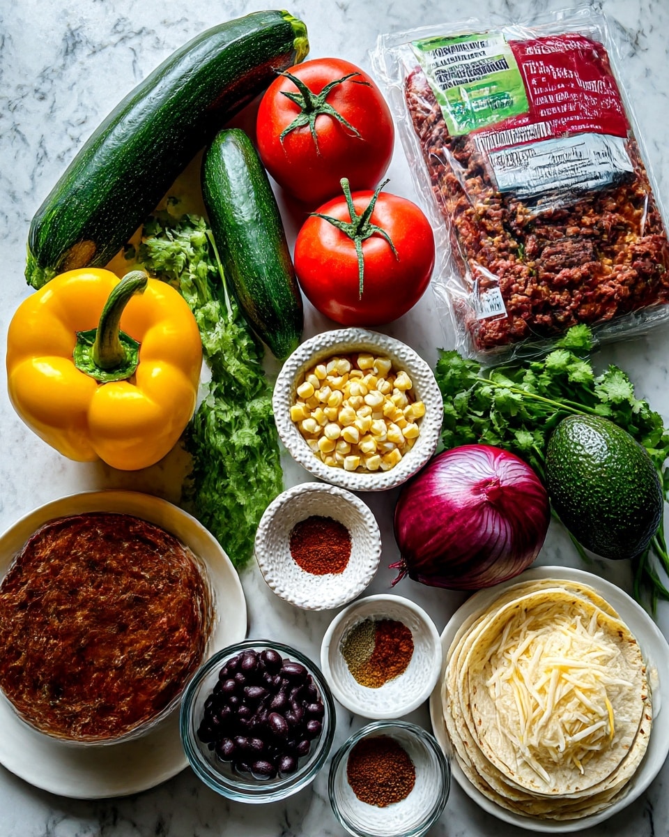 The image shows fresh ingredients laid out on a white marbled surface, each item clearly visible and vibrant in color. There is a single yellow bell pepper with smooth skin next to two red tomatoes that have green stems. A whole dark green zucchini is placed near a bunch of fresh green cilantro leaves. A whole dark green avocado sits beside a small white textured bowl filled with pale yellow frozen corn kernels and a smaller white speckled bowl with three different spices arranged in small piles in the center. A medium-sized clear glass bowl contains black beans, and a clear measuring cup holds shredded Mexican cheese, creamy in color. There is a whole purple-red onion, and next to it, a small stack of white corn tortillas rests on a white plate. A rectangular package of ground beef with readable red and black labeling is also included. Lastly, a clear measuring cup filled with reddish-brown enchilada sauce completes the setup. Photo taken with an iphone --ar 4:5 --v 7