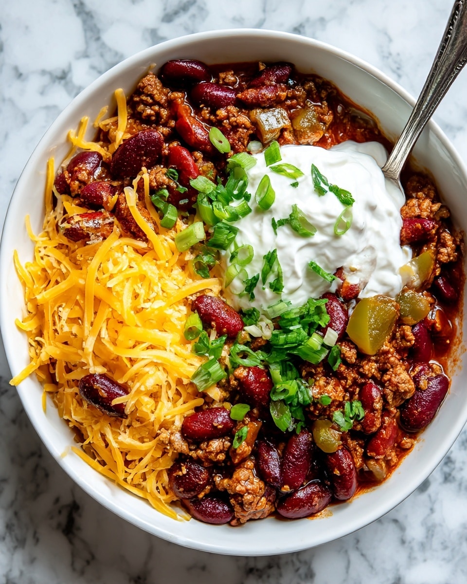 The image shows a white bowl filled with chili made of brownish ground meat mixed with dark red kidney beans and chunks of light green peppers, topped with chopped green onions. On one side of the bowl, there is a layer of bright yellow shredded cheddar cheese, and on the opposite side, a dollop of thick white sour cream. A silver spoon rests in the bowl, slightly underneath the sour cream. The bowl is placed on a white marbled surface. Photo taken with an iphone --ar 4:5 --v 7
