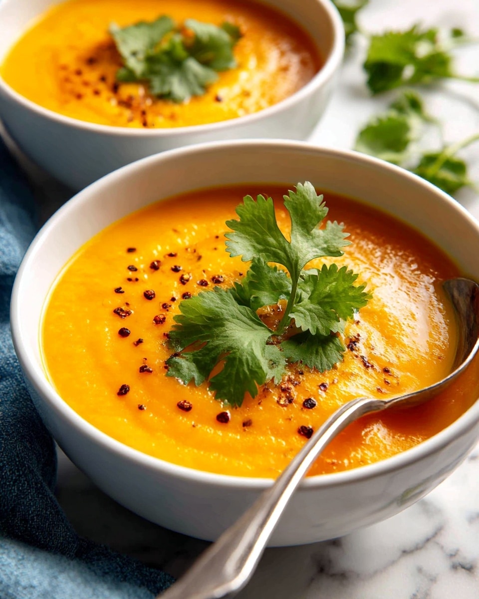 A close-up of two white bowls filled with smooth, bright orange soup, likely carrot or pumpkin, topped with a light sprinkle of black pepper and a single green cilantro leaf in the middle of the front bowl. A silver spoon rests inside the front bowl. The bowls sit on a white marbled surface, with a soft blue cloth in the upper left background. Photo taken with an iphone --ar 4:5 --v 7
