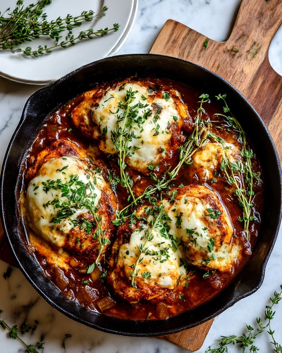 A black cast iron pan holds four large pieces of meat covered with a thick layer of melted white cheese that looks soft and slightly shiny. The meat is smothered in a dark brown sauce mixed with small pieces of cooked onions, giving it a rich texture. Fresh green thyme sprigs are scattered on top, adding a touch of color and freshness. The pan sits on a white marbled surface with some sprigs of thyme around it, and a bit of a wooden cutting board is visible on the right side. Photo taken with an iphone --ar 4:5 --v 7