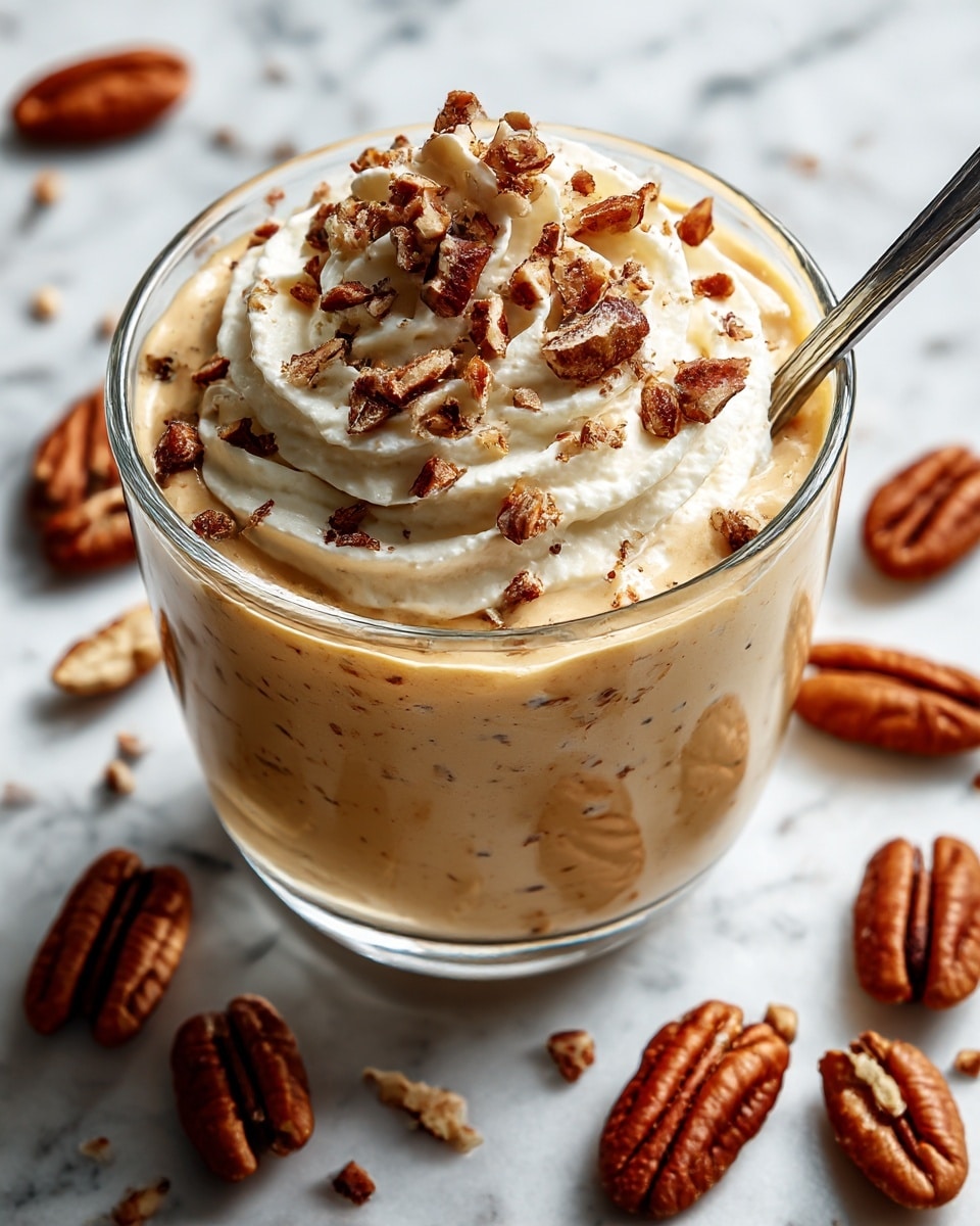 A clear glass cup filled with a creamy, light tan mousse-like dessert with a smooth texture and swirled surface, topped with small pieces of chopped pecans and larger whole pecans scattered on top. A silver spoon is inserted into the dessert on the right side of the cup. Around the cup, several whole pecans are placed on a white marbled surface. photo taken with an iphone --ar 4:5 --v 7