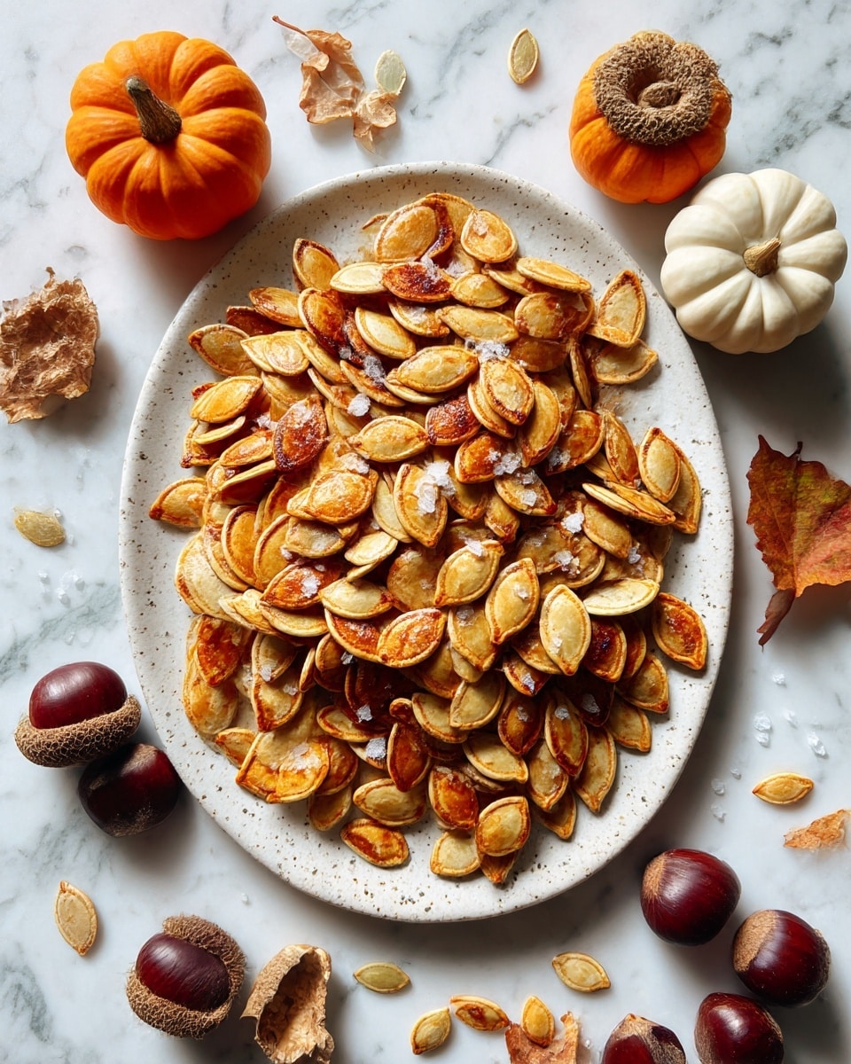 A white speckled plate is filled with a large pile of golden-brown roasted pumpkin seeds, showing slightly varied shades from light tan to darker brown with a crisp texture. Around the plate on a white marbled surface are whole orange, white, and green small pumpkins, along with a few chestnuts and scattered loose pumpkin seeds, adding an autumn feel to the scene. The arrangement is simple and bright, highlighting the roasted seeds as the main focus. Photo taken with an iphone --ar 4:5 --v 7