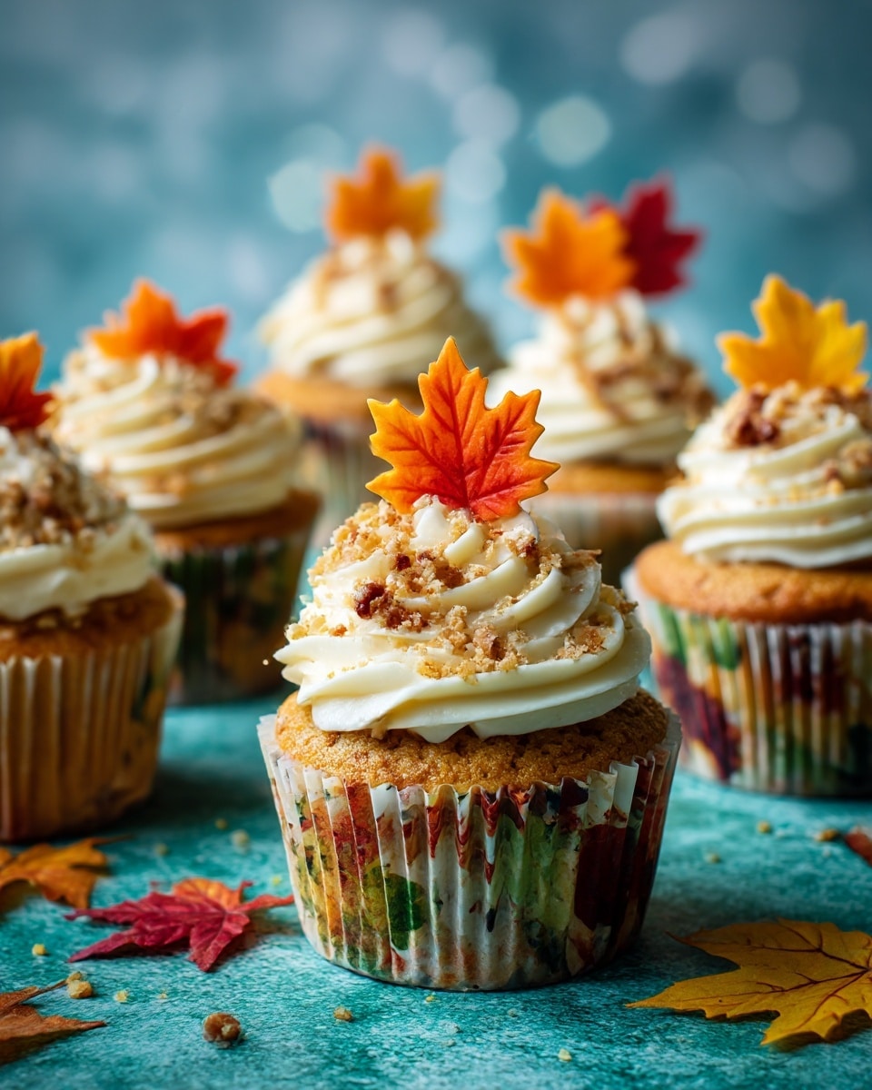 There are six cupcakes placed on a green textured surface with a blurry blue and white background showing bokeh light effects. Each cupcake has a light golden brown base with speckled autumn leaf-patterned wrappers. On top, they are decorated with thick swirls of creamy white frosting, arranged in a circular pattern, and sprinkled with small bits of nuts or crumbs. Each cupcake is topped with a colorful, edible autumn leaf shape in shades of orange, red, and yellow, standing upright in the center. Photo taken with an iphone --ar 4:5 --v 7