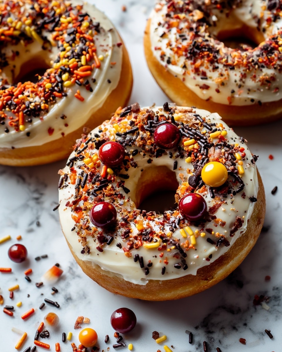 Three round donuts sit on a white marbled surface, each topped with a thick layer of cream-colored frosting that covers the visible top and edges smoothly. On top of the frosting, there is a colorful mix of small sprinkle shapes in red, orange, yellow, black, and brown, along with a few round candy pearls in shiny red, yellow, and brown colors scattered unevenly. The donuts have a golden-brown base visible around the frosting and through the hole in the center. Some sprinkles are scattered around the donuts on the surface. The overall look is bright and festive. photo taken with an iphone --ar 4:5 --v 7