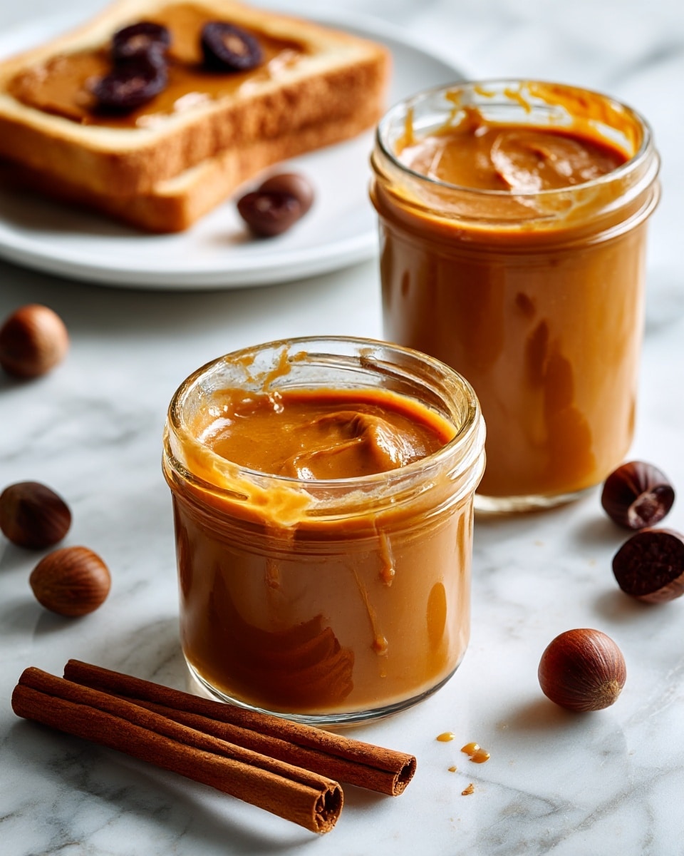 The image shows two clear glass jars filled with thick, brown sauce with a smooth texture, placed on a white marbled surface. In front of the jar closer to the camera, there is an open chestnut shell and two whole chestnuts. Behind, a white plate holds a piece of toast with some sauce spread on it. Two cinnamon sticks lay near the jars, adding warm brown tones to the composition. The scene is bright and clean with soft natural light, creating a cozy and inviting feel. Photo taken with an iphone --ar 4:5 --v 7