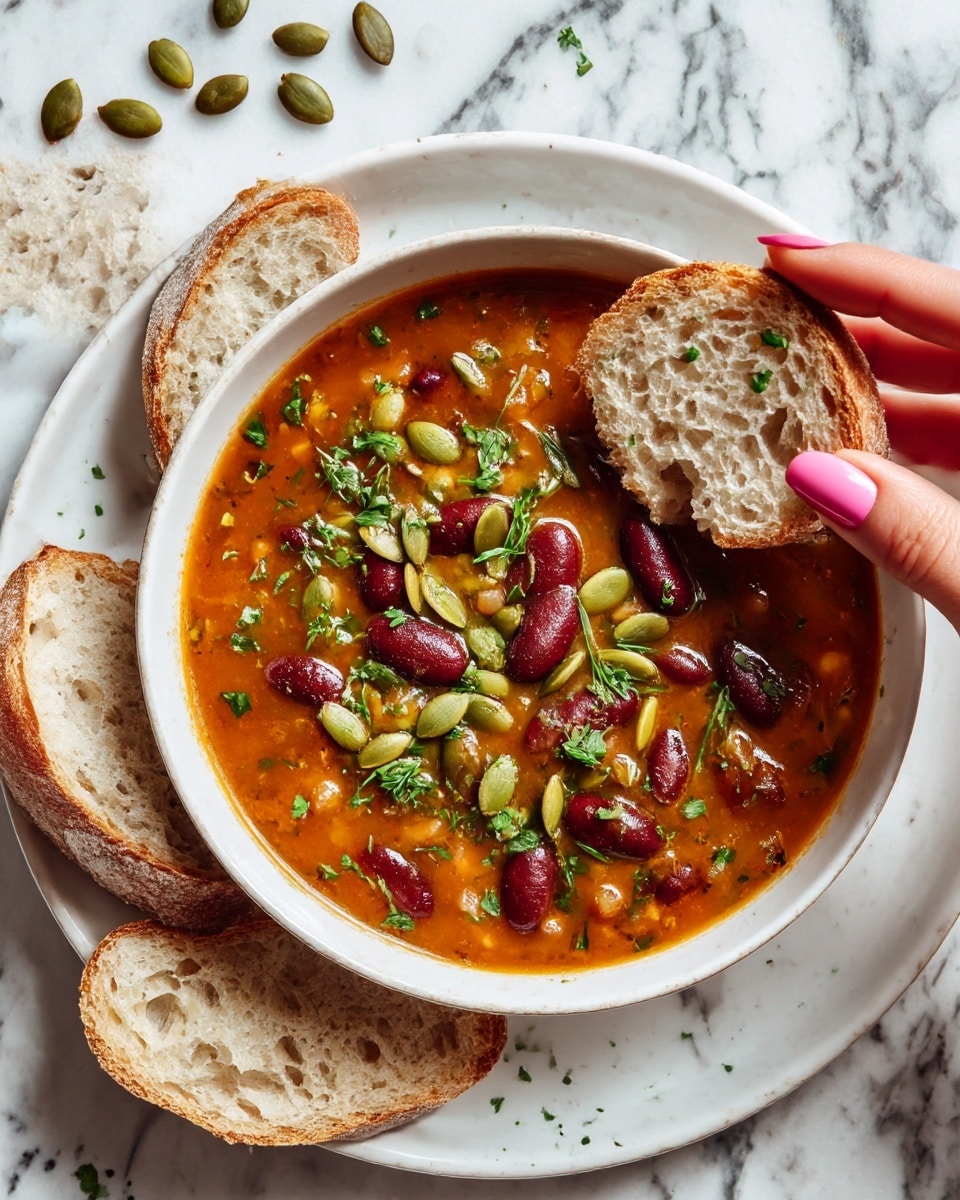 A white bowl filled with thick orange-brown soup containing red kidney beans and small brown and beige meat pieces is placed on a white plate. The soup is topped with light green pumpkin seeds scattered on top. Surrounding the bowl on the plate and the white marbled surface is sliced rustic bread with a light beige crust and airy inside. A woman's hand with pink nails is holding a piece of the bread, dipping it into the soup. There are a few pumpkin seeds scattered on the white marbled surface in the background. photo taken with an iphone --ar 4:5 --v 7