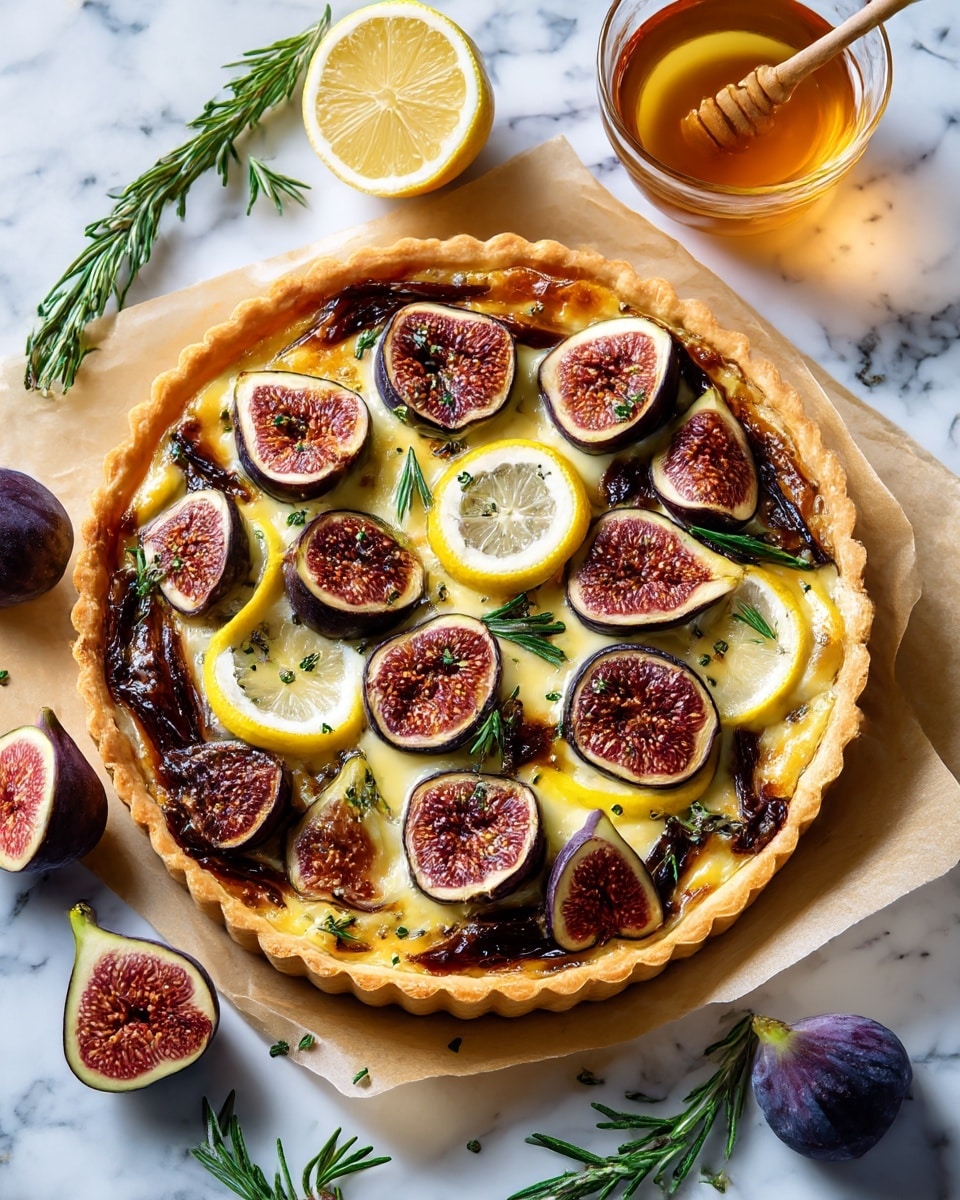 A round tart with a golden brown, flaky crust that forms a raised edge around the dish. Inside, there is a layer of melted white cheese, topped with many slices of dark purple figs revealing their red, seed-filled centers. Thin, translucent slices of lemon with a pinkish hue are scattered over the figs. Small green rosemary leaves are sprinkled evenly on top. The tart sits on brown parchment paper with fresh dark purple figs and a small clear bowl of golden oil nearby. In the top right corner, a white plate with a fork rests on a white marbled surface, alongside a small bunch of rosemary. Photo taken with an iphone --ar 4:5 --v 7