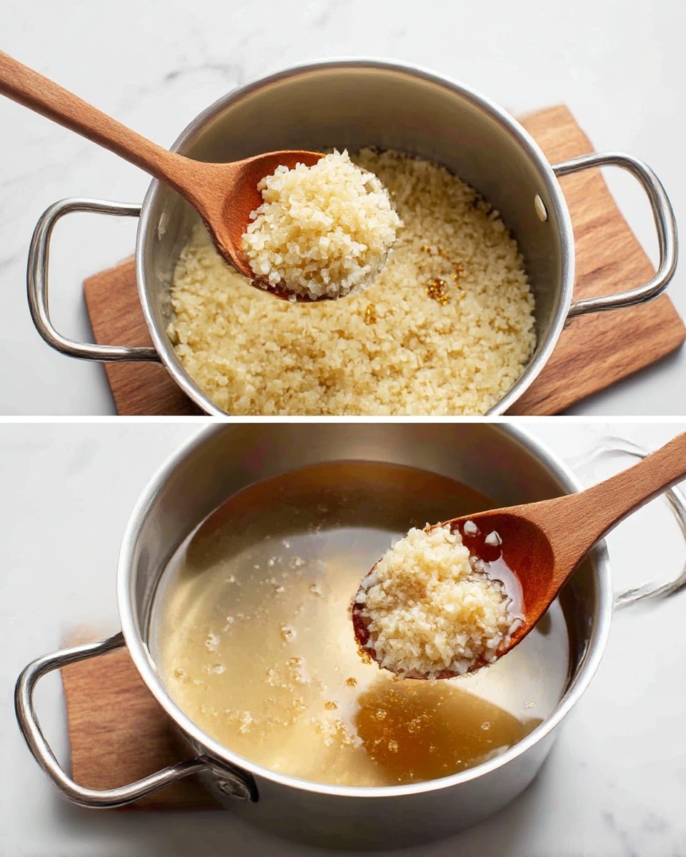 Two images of a cooking pot on a white marbled surface with a wooden board underneath. The pot contains small grains of rice that appear soft and slightly translucent with some light seasoning visible. In the first image, a wooden spoon is lifting a portion of the cooked rice, showing a compact, moist texture with some separation between grains. In the second image, the wooden spoon is scooping a mix of rice and clear liquid from the pot, highlighting the texture change as the rice soaks up the liquid. The metal pot has two handles on each side and shiny inside surfaces. photo taken with an iphone --ar 4:5 --v 7