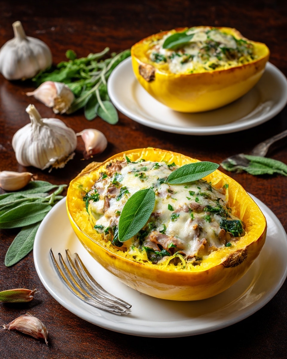 The dish shows two hollowed-out yellow-orange spaghetti squashes, each cut in half lengthwise, placed on white plates. Inside each squash, there is a creamy mushroom mixture topped with melted white cheese and garnished with three fresh green sage leaves. The squash flesh appears soft and bright yellow, surrounding the creamy and textured mushroom filling. The plates sit on a dark wooden surface with a few cloves of garlic and loose sage leaves scattered around, with a silver fork near the front plate. photo taken with an iphone --ar 4:5 --v 7