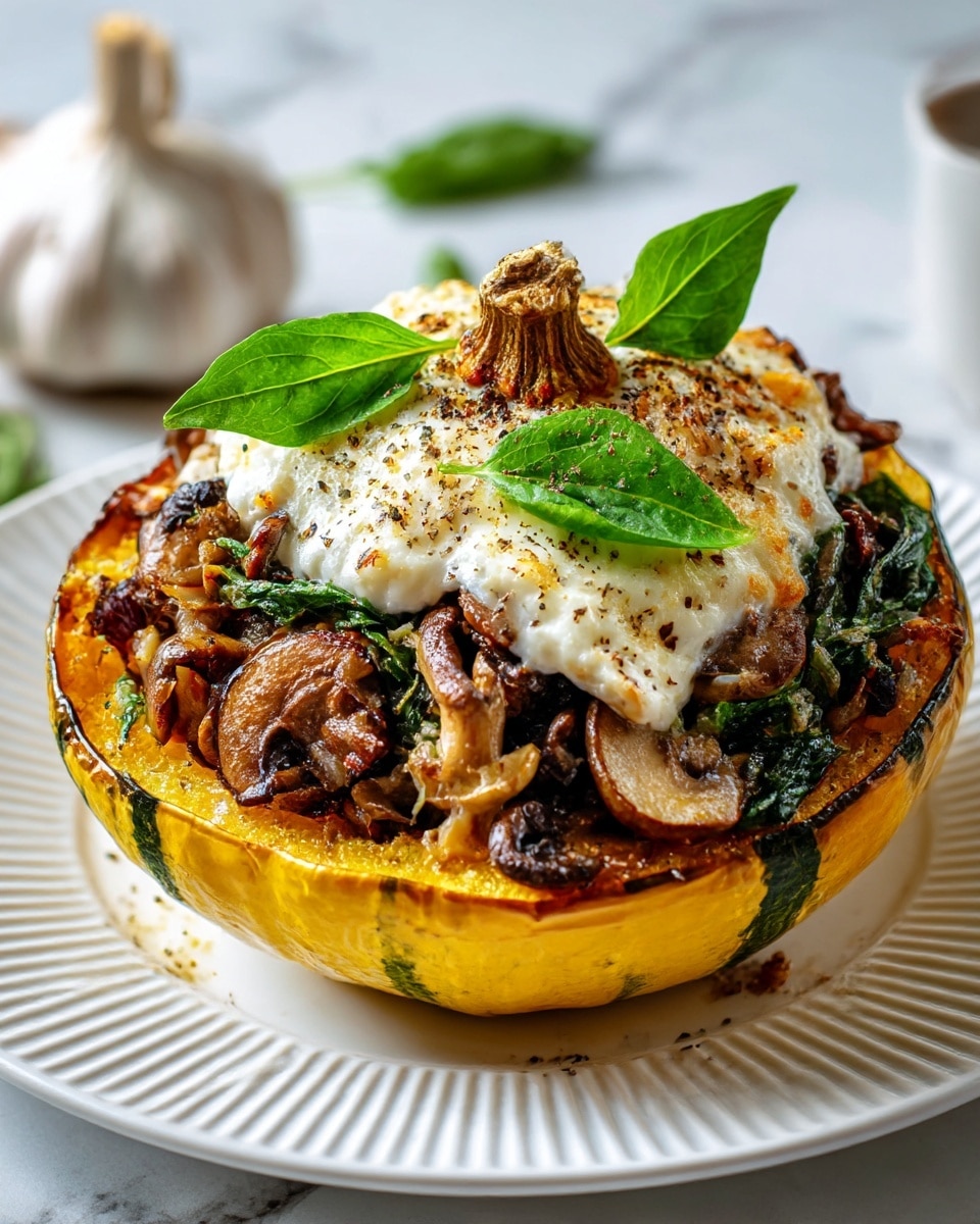 A squash cut in half acts as a bowl, filled with three layers: the bottom layer is the golden-yellow, soft inside of the squash; the middle layer has a mix of cooked mushrooms in brown, dark brown, and beige tones; the top layer is melted white cheese sprinkled lightly with black pepper, topped with three green leaves placed across the filling. The squash rests on a white plate with ridged edges, all set on a white marbled surface with a blurred garlic bulb in the background. photo taken with an iphone --ar 4:5 --v 7
