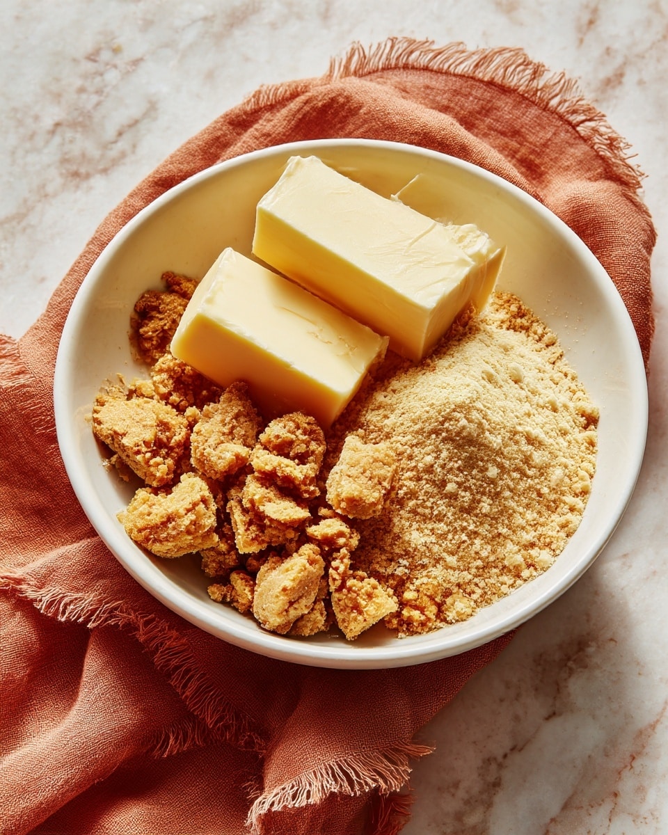 A white bowl sits on a soft, rusty orange cloth with fringed edges over a white marbled surface. Inside the bowl, at the bottom, there is a layer of irregular, crumbly light brown pieces, looking like crushed cookies or biscuits. On top of this base, there is a scattered pile of light tan fine powder. Next to the powder, slightly overlapping, are two rectangular blocks of pale creamy butter, smooth in texture. The colors are warm and neutral, with a mix of soft browns, tans, and creamy white. photo taken with an iphone --ar 4:5 --v 7