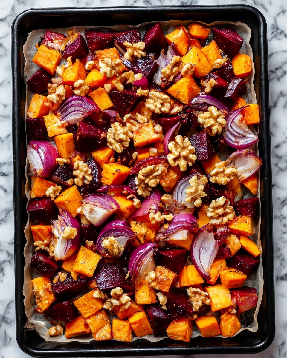 A black baking tray lined with parchment paper holds a mix of chopped roasted vegetables and nuts. The base layer is made up of orange cubes of sweet potato and dark red cubes of beetroot scattered evenly across the tray. Thin slices of purple-red onion are spread throughout the vegetables, adding curved shapes and darker tones. On top, small clusters of light brown walnut pieces are sprinkled evenly, adding a rough texture contrast to the smoother vegetable chunks. The tray sits on a white marbled surface. photo taken with an iphone --ar 4:5 --v 7