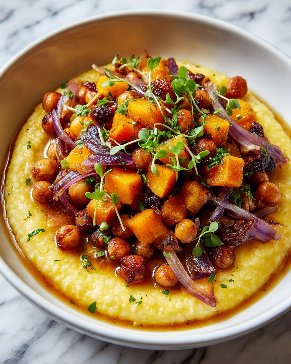 The dish shows a white bowl filled with a smooth, creamy yellow base layer of soft polenta, spread evenly to cover the bottom. On top of the polenta, there is a mix of cooked chickpeas, browned and crisped, scattered with roasted orange butternut squash cubes and thin strips of caramelized purple onions. Small green microgreens are sprinkled lightly over the top, adding fresh color and texture. The background and surface beneath the bowl are white with a marbled texture. photo taken with an iphone --ar 4:5 --v 7