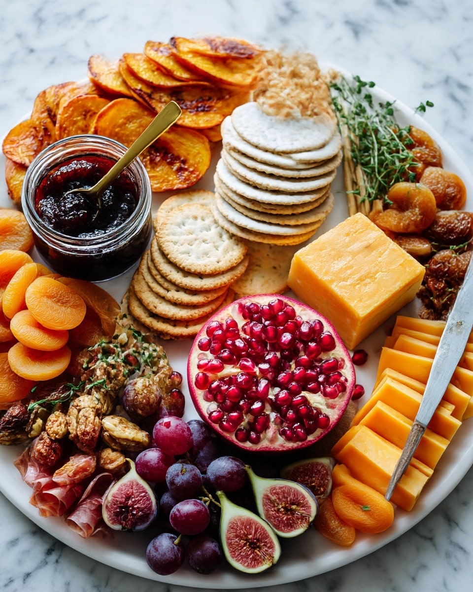 A large white round board is filled with many layers of food arranged closely together. Starting from the top left corner, there are thin, orange roasted veggie slices with a slightly burnt look, next to a clear jar of dark jam with a golden spoon inside. Below the jam, there are five white crispbread crackers stacked in the center. Under these, there are round light brown crackers. To the right of the crackers is a block of orange cheese cut into long thin sticks. At the bottom center, a round cheese ball covered with bright red pomegranate seeds sits on a wooden surface. Around the ball, there are small dark blue grapes and sliced figs with deep red inside and green skin. At the right edge, there are triangular orange cheese slices with a knife and folded thin slices of cured meat in pink. The board also includes mixed nuts, dried apricots, and some green herbs scattered in between. The whole arrangement is placed on a white marbled textured surface. Photo taken with an iphone --ar 4:5 --v 7