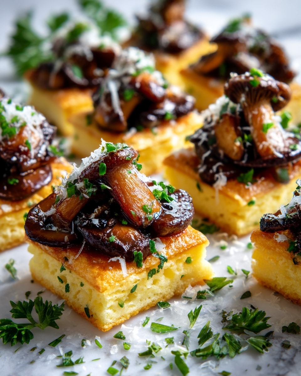 The image shows small yellow squares with a soft, smooth texture as the base layer. On top, there are browned, slightly shiny mushroom pieces placed gently, adding a rich dark brown color. The mushrooms are sprinkled with small green herb pieces, likely parsley, giving bright green dots. Fine white grated cheese is scattered lightly on and around the mushrooms. The pieces are arranged in rows on a surface with a white marbled texture, with small herb bits spread around for a fresh look. photo taken with an iphone --ar 4:5 --v 7