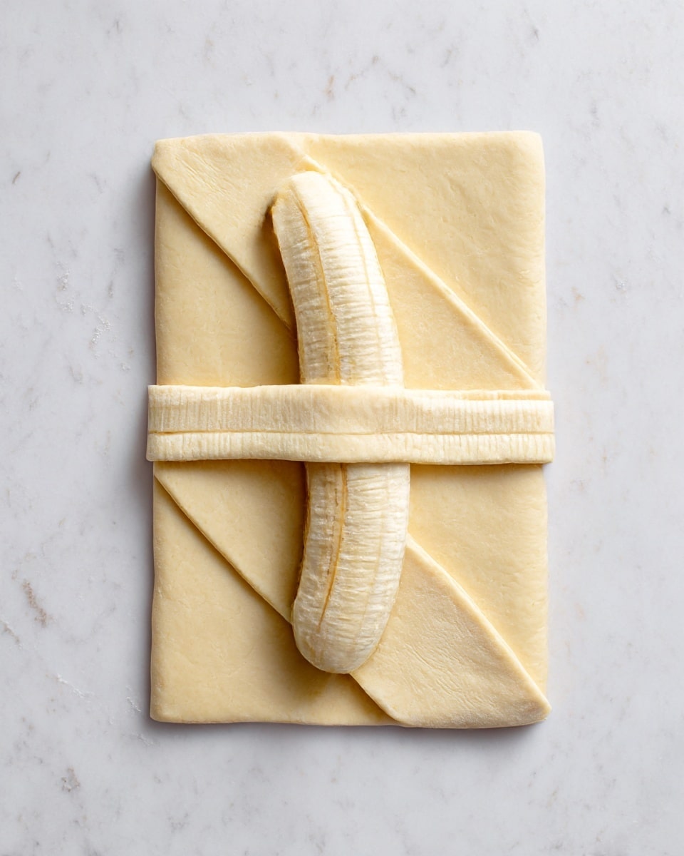 The image shows an uncooked pastry wrapped around a whole banana. The base dough is light beige and rectangular, with even horizontal cuts on both left and right sides, forming strips. The banana is placed horizontally in the middle of the dough, with the top and bottom edges of the dough folded over the banana lengthwise. Two strips on each side are folded diagonally toward the banana, partially covering it. The texture of the dough is smooth and soft, and the background is a white marbled surface. Photo taken with an iphone --ar 4:5 --v 7