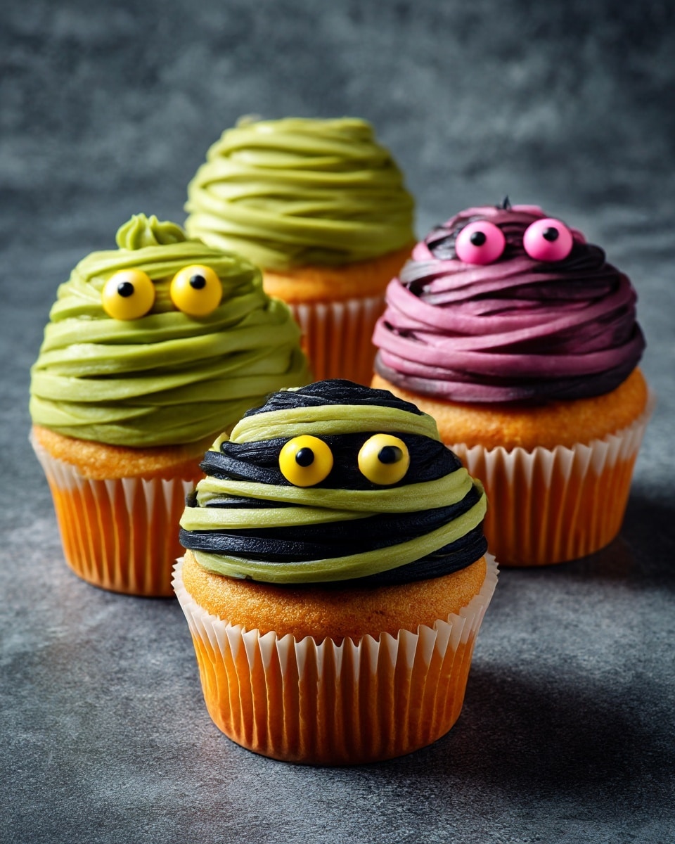 Three cupcakes are seen on a dark gray textured surface. Two cupcakes are frosted with thick, olive green icing applied in wide horizontal layers to look like wrapped strips, with two round yellow and black candy eyes peeking out from the center. One cupcake is frosted with thick black icing, also applied in wide horizontal layers to resemble wrapped strips, with two round pink and black candy eyes. All cupcakes have orange wrappers visible at the edges. photo taken with an iphone --ar 4:5 --v 7