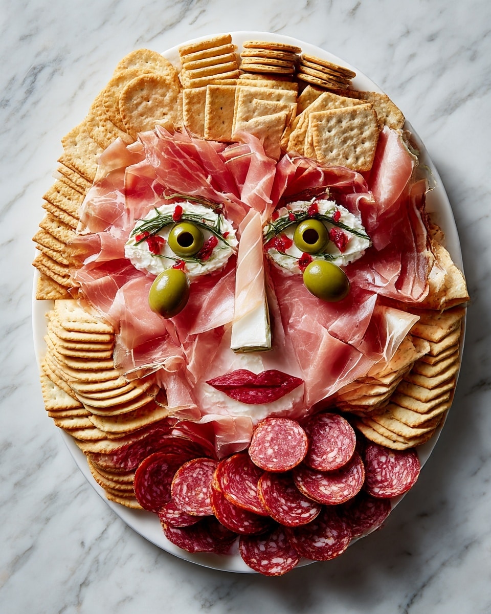 A food platter with a large oval face made from thin slices of pink prosciutto as the main layer, shaped to show eyes, a nose, and lips; the eyes have two green olives with small pieces of red pimento in the center, set on a white creamy spread to highlight the eye sockets. Around the face are several layers of different round and square crackers in light brown and beige tones, arranged in neat stacks. Thinly sliced round salami pieces in red with white fat flecks are scattered between the crackers, adding texture and color contrast. The entire arrangement sits on a white marbled surface. Photo taken with an iphone --ar 4:5 --v 7