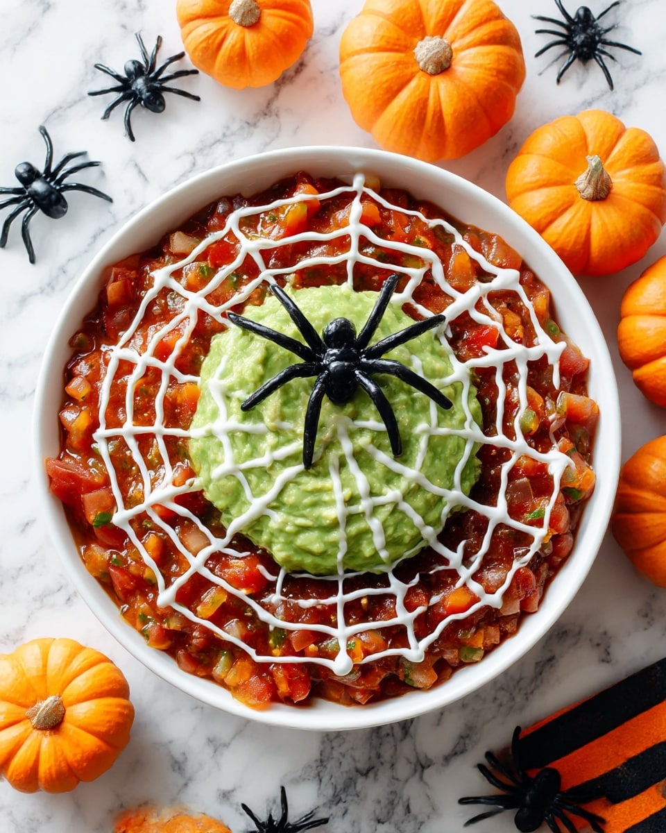 A white bowl shows a three-layer dip. The bottom layer is red chopped tomatoes all around the edge. The middle layer is smooth green avocado spread covering the whole bowl except the edges. On top of the green layer, there is a white sauce spider web pattern spreading from the center to the edge with lines connecting in a circle shape. A black plastic spider sits in the middle of the web. The bowl sits on a white marbled surface next to small orange pumpkins, Halloween-themed napkins, and other Halloween decorations. Photo taken with an iphone --ar 4:5 --v 7