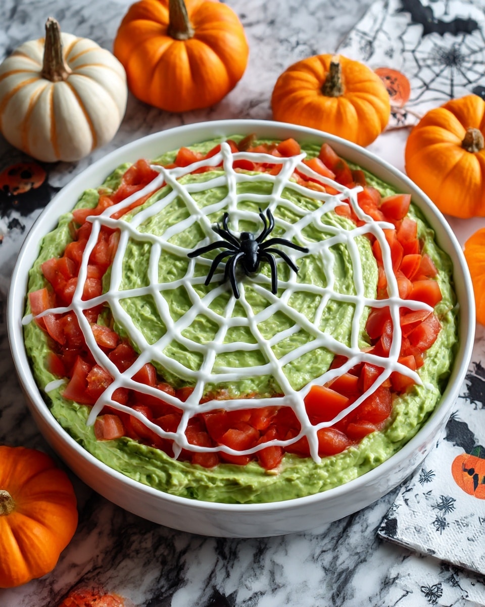 The image shows a white bowl filled with a green dip that looks creamy and smooth, topped with white lines forming a spider web pattern. The dip is surrounded by chopped red tomatoes that make a thick border around the green layer. In the middle of the web, there is a small black plastic spider. The bowl sits on a white marbled surface, with some white tortillas stacked on a white plate nearby. The scene also includes an orange pumpkin and a small orange bowl with light-colored chips next to the main bowl. The photo taken with an iphone --ar 4:5 --v 7