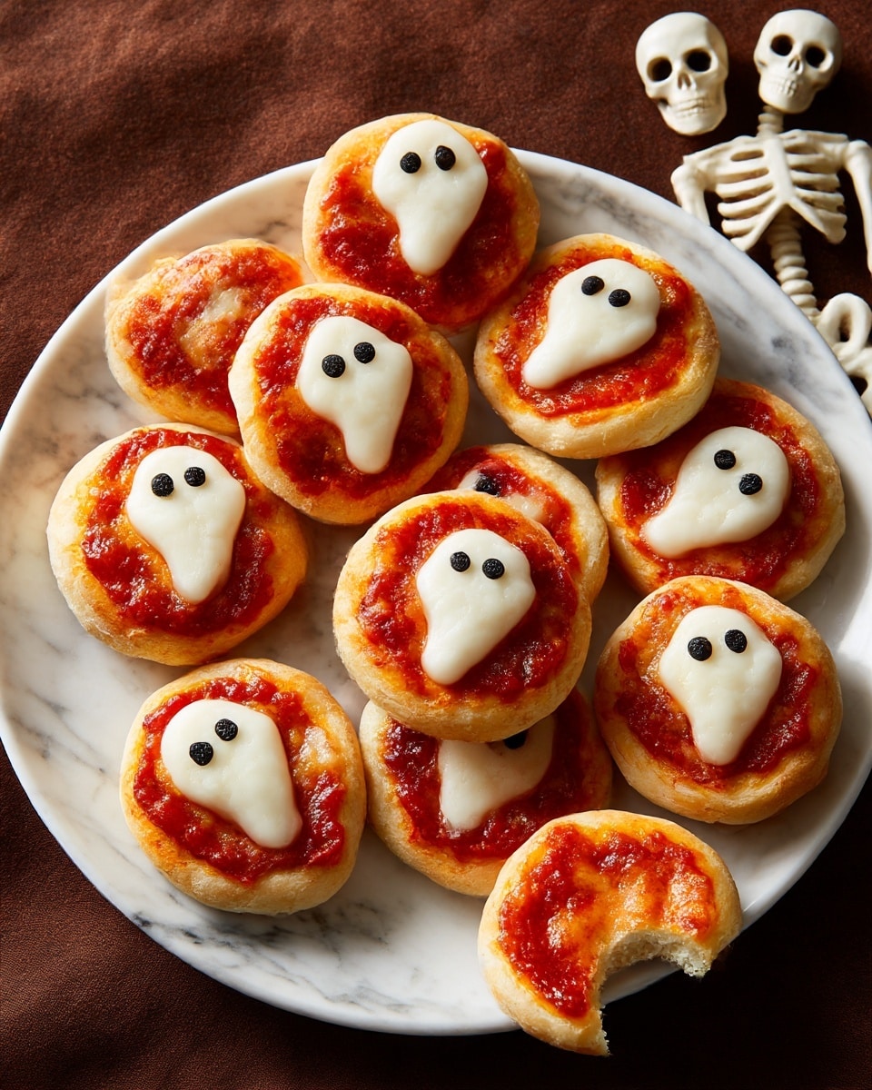 The image shows a white plate with 13 small round mini pizzas arranged closely but not overlapping. Each mini pizza has one layer of golden brown bread at the bottom, a smooth layer of red tomato sauce in the middle, and on top, a white cheese slice cut into the shape of a ghost with two small black olive pieces used as eyes on each ghost. One mini pizza off the plate has a bite taken out of it, showing the same layers, and near the plate on a dark brown surface sits a small paper skeleton decoration wearing a black hat with an orange band. The plate is placed on a white marbled surface. photo taken with an iphone --ar 4:5 --v 7