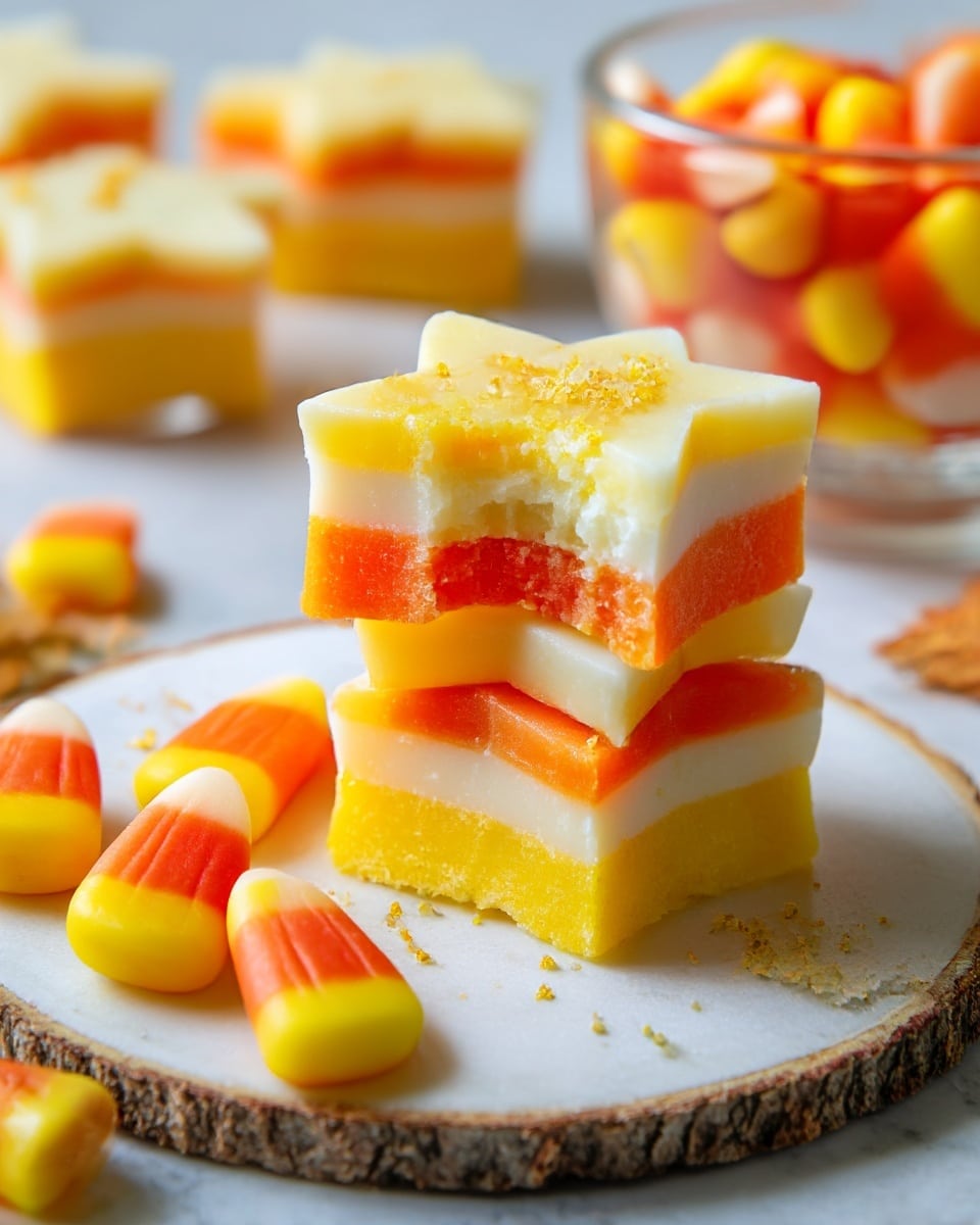 A close-up of star-shaped fudge pieces with three colorful layers stacked on top of each other, sitting on a white round plate with a bark-like textured edge, placed on a white marbled surface; the bottom layer is bright yellow with a soft texture, the middle layer is vivid orange and smooth, and the top layer is creamy white with a slightly glossy finish; a candy corn piece lies in the foreground next to the fudge, while more star-shaped fudge pieces and a glass bowl with orange and white candy corn are blurred in the background; the focus is on the front fudge piece that has a small bite taken out, showing the delicate texture of each layer; photo taken with an iphone --ar 4:5 --v 7