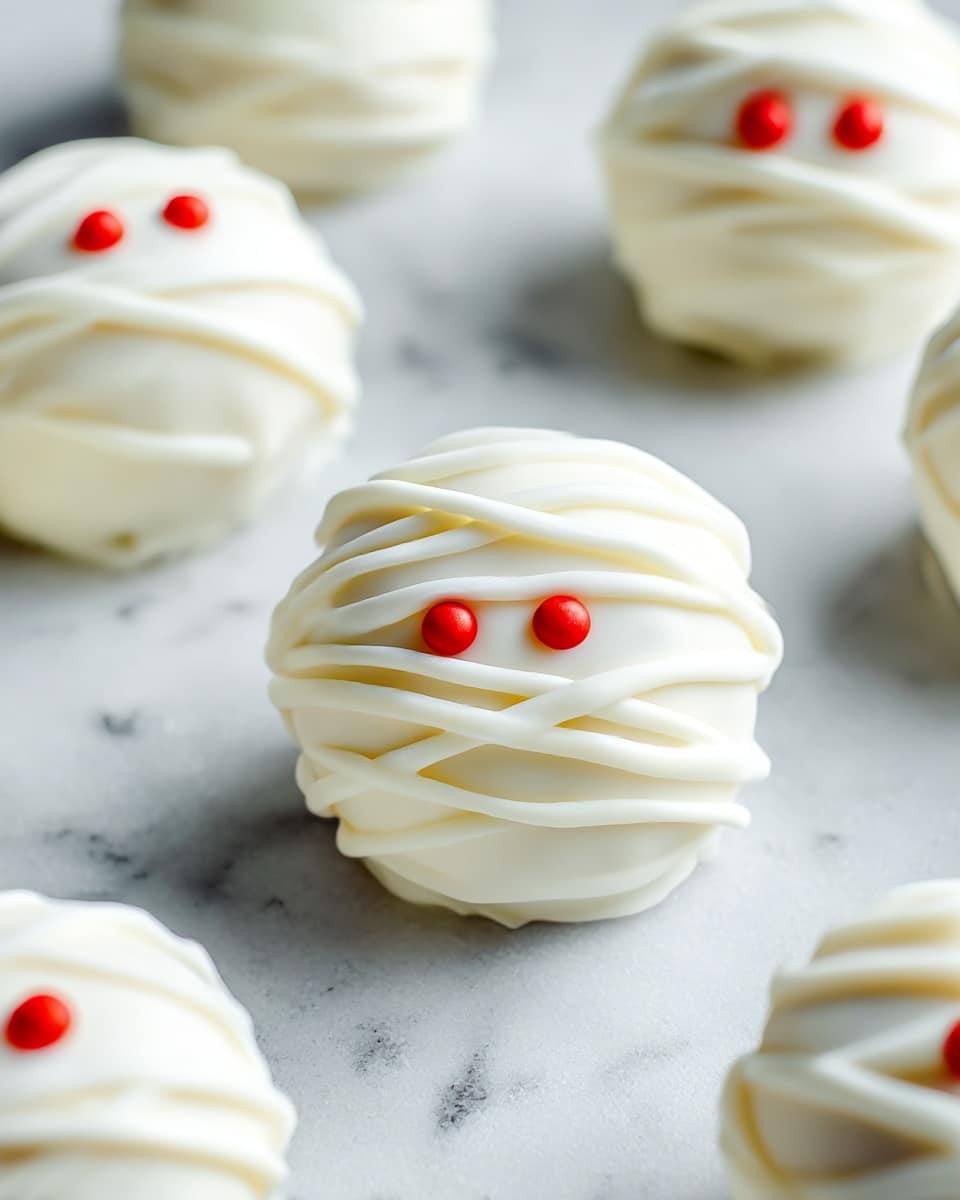 The image shows round white treats that look like small balls covered in smooth white icing. Each ball has thin lines of white icing draped over it in a crisscross pattern, making them look like wrapped mummies. Two small red dots, placed side by side near the top, resemble eyes on each ball. They are arranged in rows on a black surface, with a soft focus on the ones further back, making the nearest ball sharp and clear. photo taken with an iphone --ar 4:5 --v 7