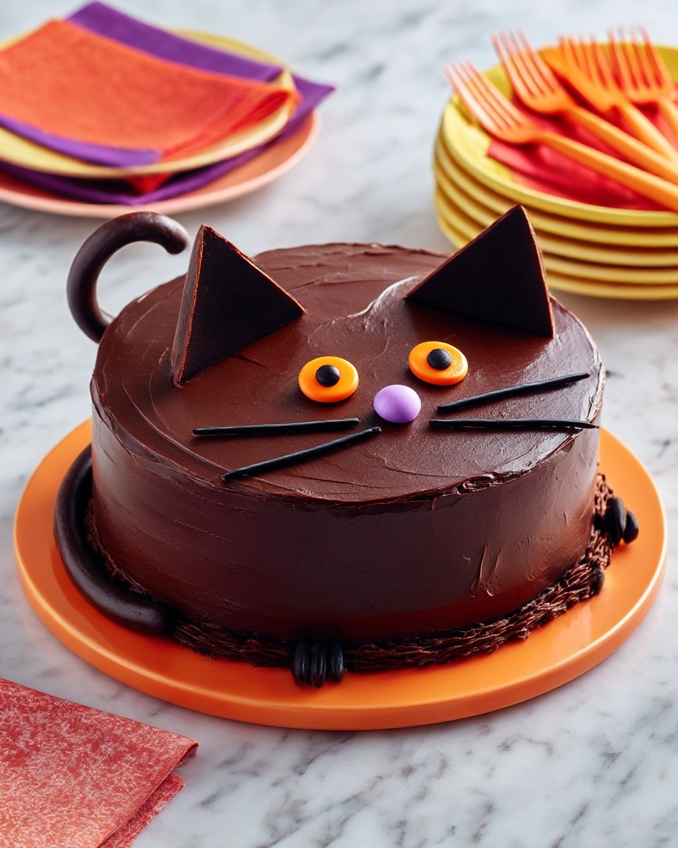 The image shows a cat-shaped chocolate cake with two main layers, frosted smoothly with dark brown chocolate frosting. The body of the cat covers the biggest part of the cake, rounded and filled with smooth chocolate texture. The tail curls up from the left side, also covered with the same chocolate layer. The cat’s face is rounded with two ears at the top, decorated with small round orange and black candies as eyes, a purple candy nose in the center, and curved black licorice whiskers on each side. The cake is placed on a round orange board sitting on a white marbled surface. Next to the cake, there are stacks of yellow and orange plates with orange forks and two sets of silver forks on orange and purple napkins. photo taken with an iphone --ar 4:5 --v 7