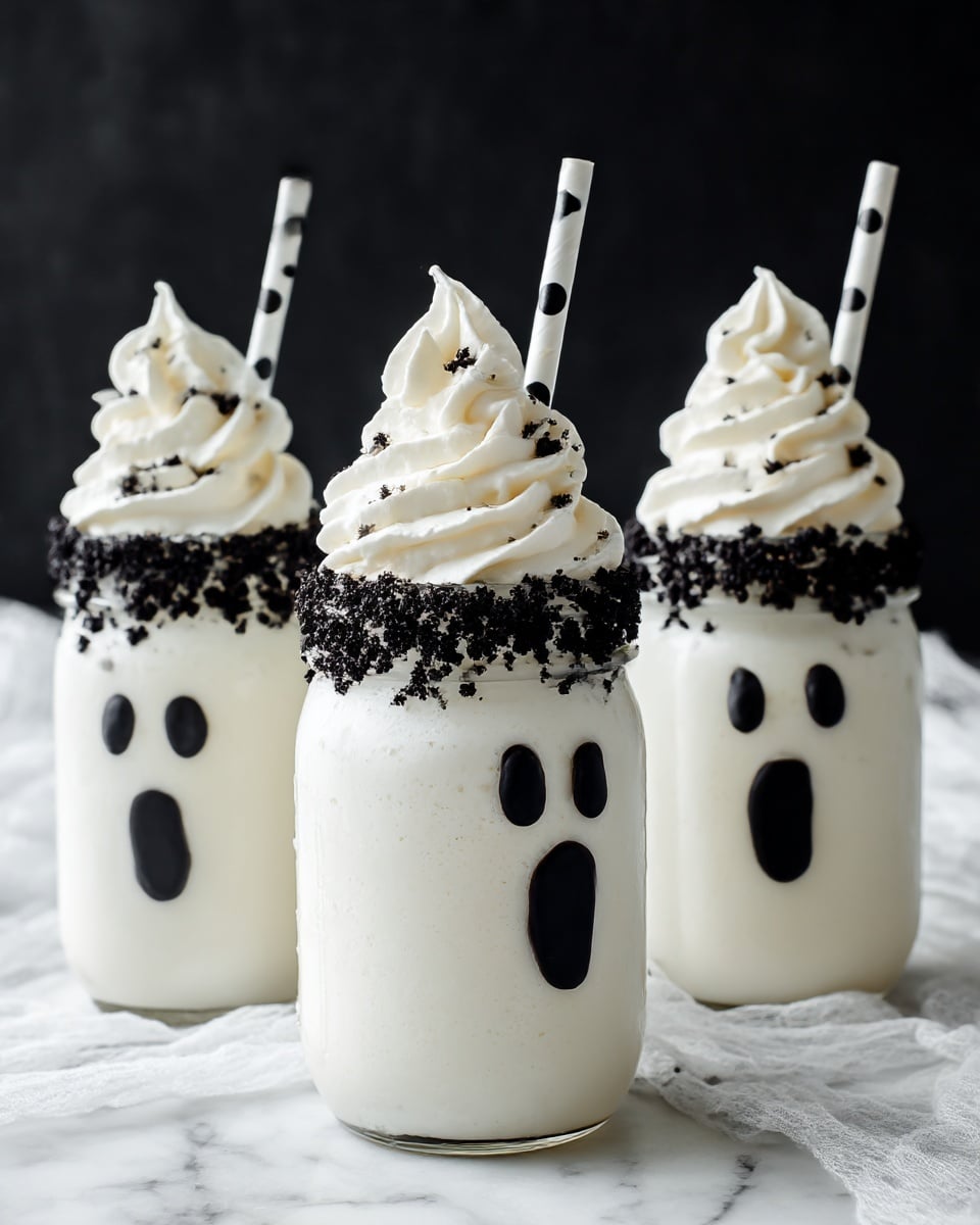Three white glass jars filled with a creamy white milkshake are shown, each jar decorated with a black sugar rim around the top. The milkshake has a large swirl of smooth white whipped cream on top. Each jar features two small oval black eyes and a large oval black mouth drawn on the front, resembling a ghost face. One jar, in the center, has a white straw with black dots placed inside. The background is a white marbled texture. photo taken with an iphone --ar 4:5 --v 7