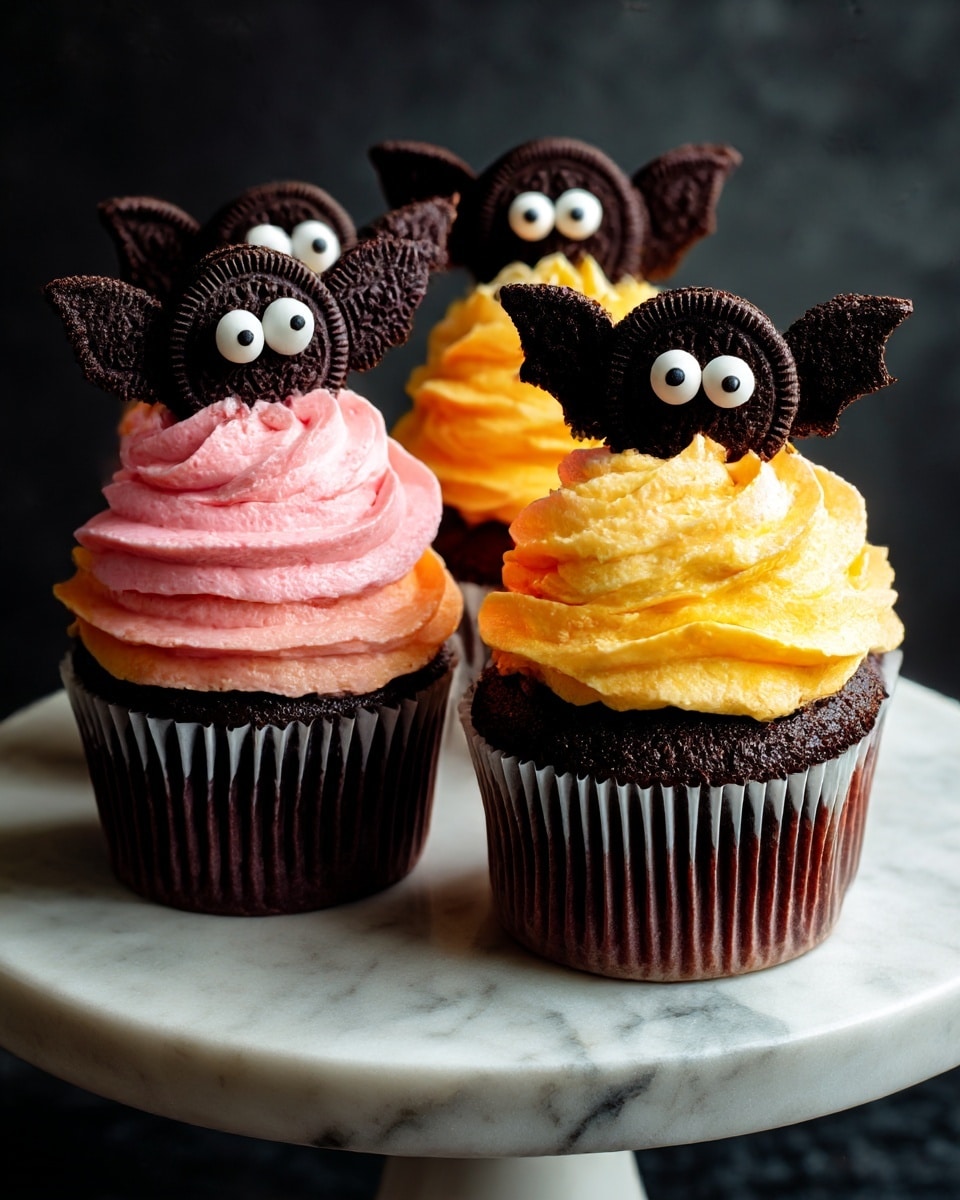 Four cupcakes with different colored frosting sit on a dark grey cake stand with white marbled texture. The first cupcake has pink frosting, the second has orange, the third has yellow, and the fourth also has yellow frosting. Each cupcake is topped with a bat decoration made from two black chocolate cookie halves as wings and a small round base of chocolate. Two small white candy eyes with black dots are attached to each bat. The cupcakes have black paper liners. Photo taken with an iphone --ar 4:5 --v 7