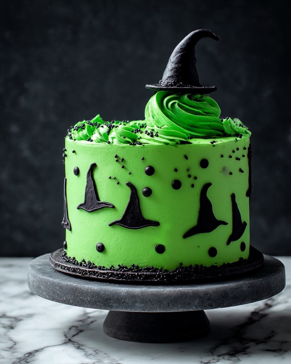 A round cake with smooth, bright green frosting covers all sides and top in one even layer. Around the sides, there are eight black outline drawings of witch hats made from piped icing, each one different in shape but simple and clear. Small black round beads are scattered between the hats. On top of the cake, a black swirl of frosting rises in the center with a small, thin witch hat decoration on top, and black sprinkles spread around it. The cake sits on a dark, round pedestal stand with a matte surface over a white marbled texture. Photo taken with an iphone --ar 4:5 --v 7