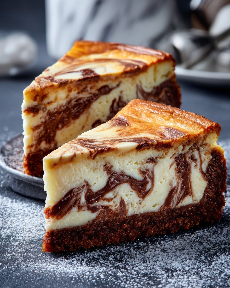 The image shows two slices of cake placed on a dark surface dusted with white powder. Each slice has three layers: the bottom is a thick, crumbly brown crust; the middle layer is a creamy white cheesecake with dark brown swirls scattered inside, giving a marbled effect; the top layer is a smooth, light brown frosting spread evenly. The background includes a blurred white marbled texture and some kitchen items out of focus. Photo taken with an iphone --ar 4:5 --v 7