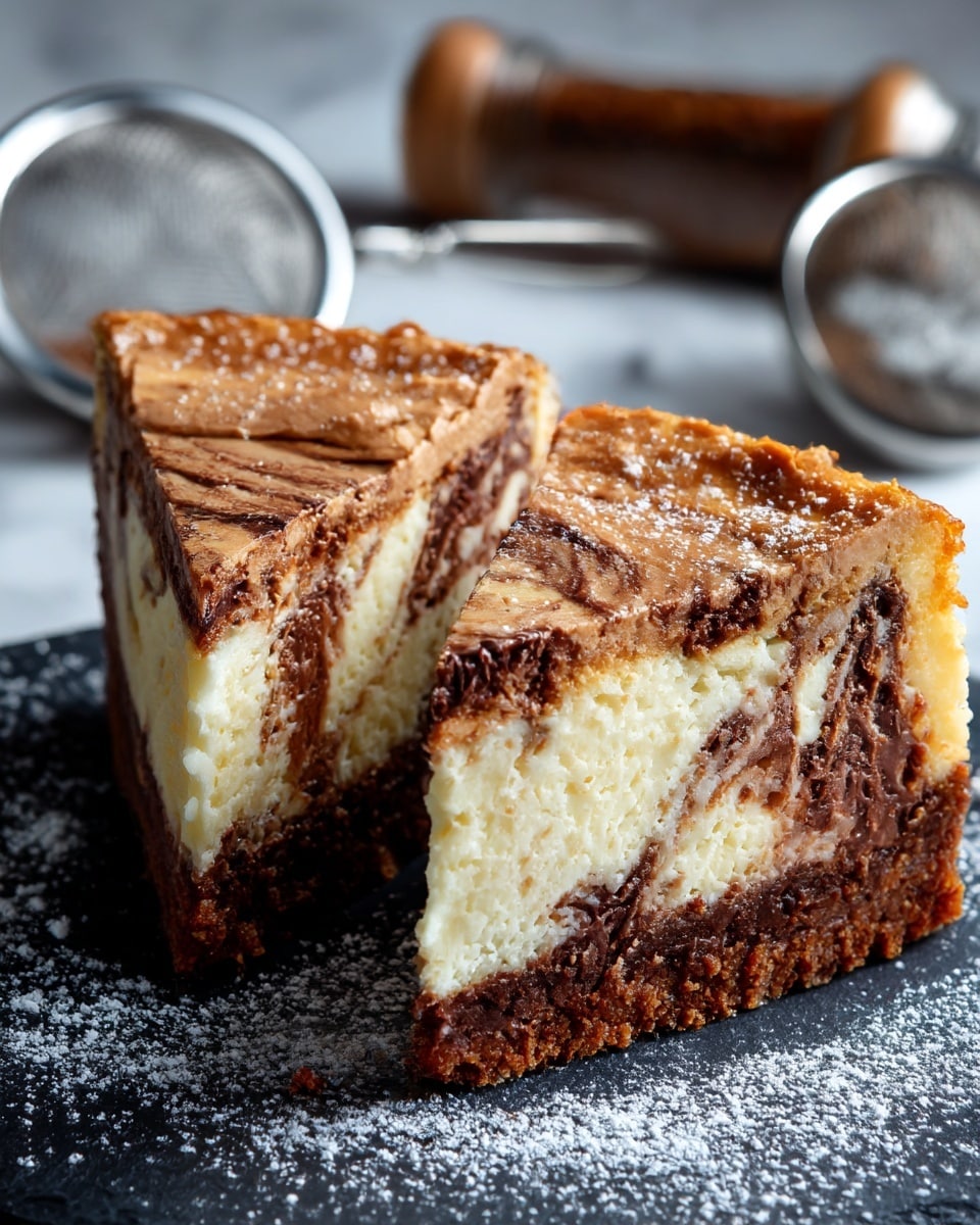 A close-up of a two-layer cheesecake slice on a dark surface dusted with powdered sugar, sitting in front of another slice. The bottom layer is a thick golden-brown crumbly crust. The middle layer is a creamy white cheesecake with dark brown swirls spread unevenly inside. The top layer is a smooth, light brown frosting spread evenly over the cheesecake. In the background, there is a blurred white plate with more cheesecake and a blurred cinnamon bottle lying on its side. The surface beneath has a white marbled texture photo taken with an iphone --ar 4:5 --v 7