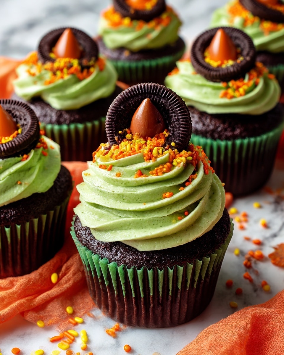 The image shows several dark chocolate cupcakes with bright green frosting swirled on top. Each cupcake has three main layers: the bottom is a dark chocolate cake wrapped in a dark green cupcake liner, the middle layer is thick, smooth, and bright green frosting with a swirled texture, and the top layer is a small chocolate cookie ring decorated with orange frosting and orange and yellow sprinkles. On top of each cookie ring, there is a pointed Hershey's kiss candy. The cupcakes are placed close together on a spread of orange fabric over a white marbled surface, with scattered orange and yellow sprinkles around. Photo taken with an iphone --ar 4:5 --v 7