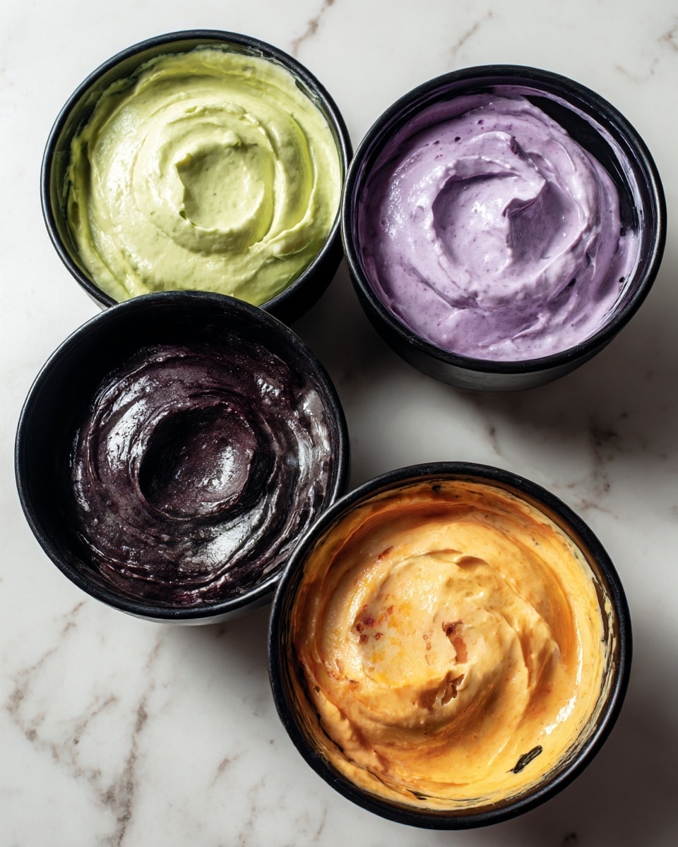 The image shows four black bowls filled with colorful creamy mixtures, placed on a white marbled surface. The bowl in the top left contains a smooth, light green mixture, the top right bowl holds a vibrant purple mixture with a slightly glossy texture. The bottom left bowl is filled with a dark, almost black smooth mixture, while the bottom right bowl has an orange creamy mixture with some marks on the inside edge. Each bowl has a thick layer of its respective colored content, evenly spread and ready for use. photo taken with an iphone --ar 4:5 --v 7
