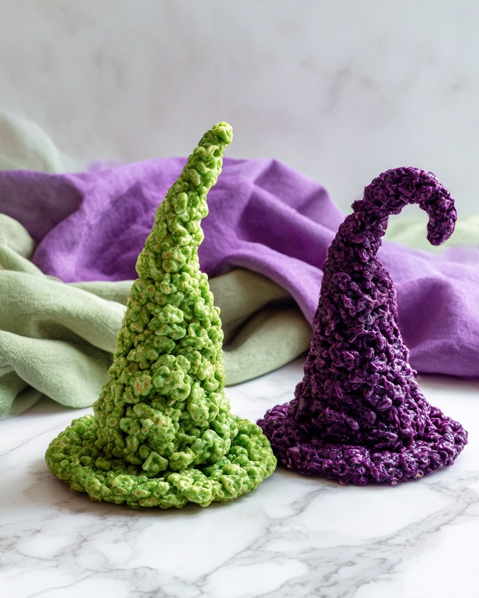 There are three textured mound shapes made from crispy rice treats, arranged on a white marbled surface. The front mound is purple, with a rounded base that widens at the bottom and narrows as it rises, forming a peak that curves slightly to one side. Behind it and to the left, there is a bright green mound with a similar layered texture, featuring a wider, rough base and a steeper, more pointed peak. Behind these, a clear glass dish contains more treats topped with a smooth, light orange layer, visible in the background. A piece of dark cloth, deep purple and black, is draped behind the green mound. Photo taken with an iphone --ar 4:5 --v 7