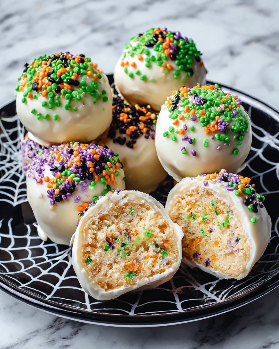 The image shows five smooth, round cake balls coated in a thick, white layer of frosting with colorful small round sprinkles in green, orange, black, and purple spread over the top. Two of the cake balls are cut in half to show the inside, revealing a light beige cake interior filled with tiny bright candy sprinkles scattered evenly throughout. The cake balls sit on a black plate with a white spider web pattern, placed on a white marbled surface. The photo is clear, bright, and focused closely on the cake balls, capturing their texture and colors vividly. Photo taken with an iphone --ar 4:5 --v 7