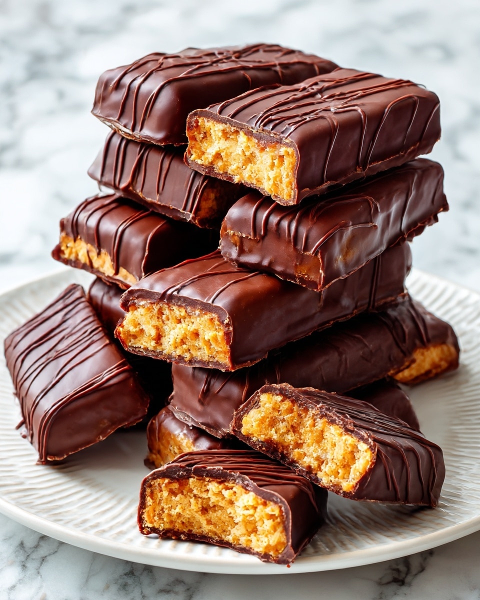 A tall stack of chocolate-covered rectangular candy bars is arranged on a white plate with a simple textured pattern. The candies have a smooth, glossy brown chocolate coating with thin chocolate drizzle lines on top. Two candy bars are placed in front, one broken in half to show the inside, revealing a golden, crumbly peanut butter filling inside the two layers of chocolate coating. The plate sits on a white marbled surface with soft natural lighting highlighting the shine on the chocolate. Photo taken with an iphone --ar 4:5 --v 7