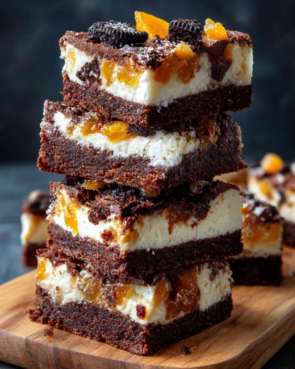 The image shows a close-up of a square piece of dark chocolate brownie with a creamy white layer on top, mixed with crushed orange candy pieces and a halved black cookie embedded in the center. The brownie rests on a wooden board with a white marbled texture below it, and two blurred glass bottles of milk appear in the background. The texture of the brownie looks moist and dense, the creamy layer is smooth, and the candies add bright pops of orange color. Photo taken with an iphone --ar 4:5 --v 7