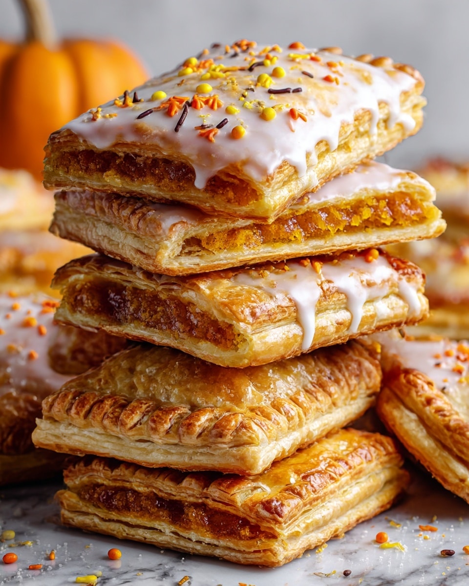 The image shows several rectangular pastries stacked on a white marbled surface. Each pastry has a golden brown flaky crust with crimped edges, topped with a smooth light beige icing sprinkled with small orange and white edible sprinkles. The front pastry has a visible bite taken out of it, revealing a thick, dark brown filling inside that looks rich and sticky. A small orange pumpkin is placed to the left side, adding a seasonal touch. The pastries are placed on pieces of newspaper and parchment paper. photo taken with an iphone --ar 4:5 --v 7