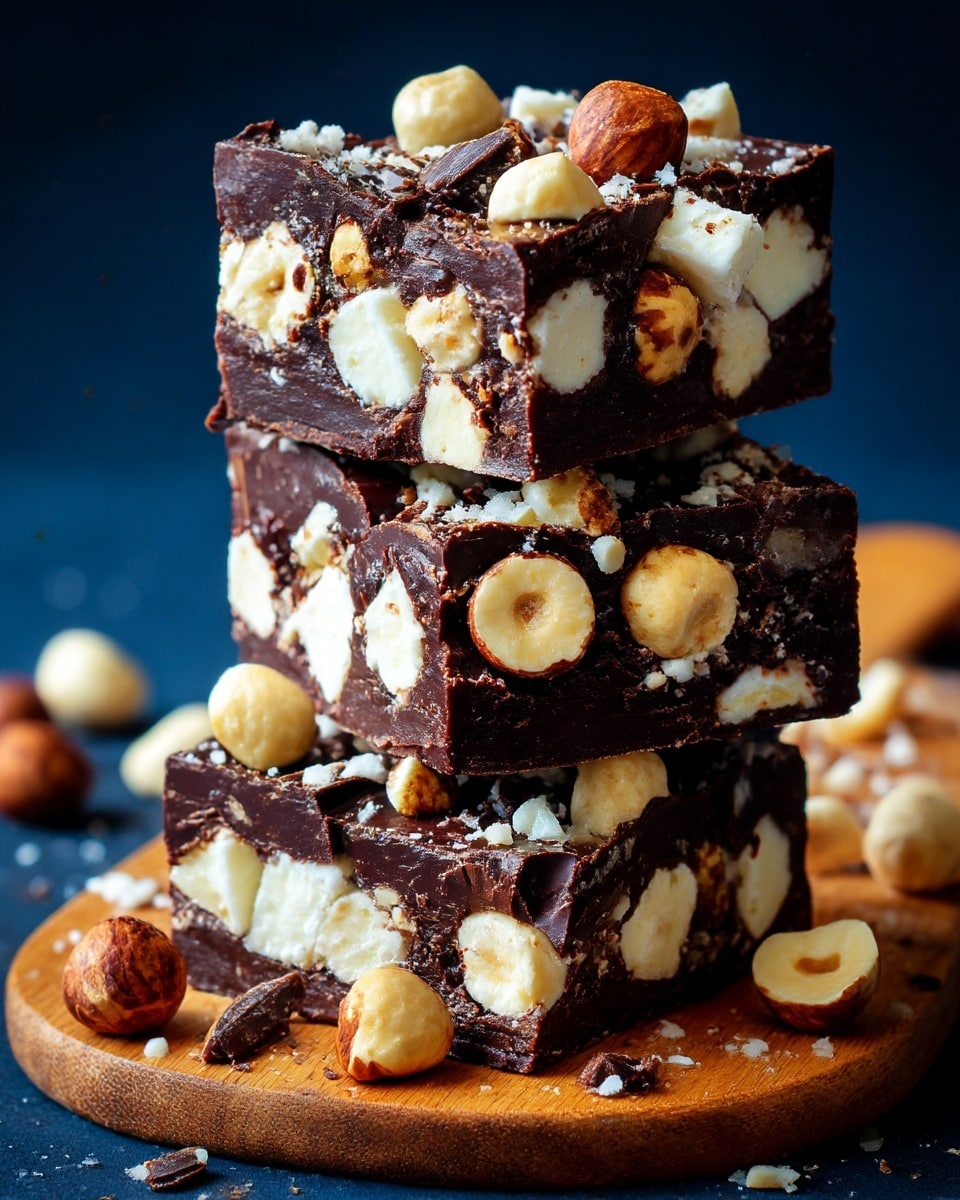 The image shows a stack of three thick dark brown chocolate pieces with a rough texture, each piece filled with large white marshmallow chunks and whole light tan nuts. The chocolate surface is matte with some uneven edges and a few small cracks. The stack sits on a smooth light wooden surface with small chocolate crumbs and nut pieces scattered around. The background is plain and dark, which contrasts with the bright white marshmallows inside the chocolate pieces. photo taken with an iphone --ar 4:5 --v 7