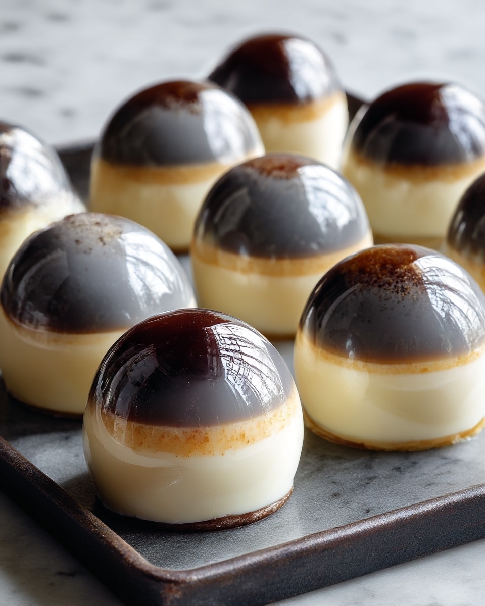The image shows several shiny, smooth spherical desserts arranged on a dark tray. Each sphere has three visible layers: the bottom layer is opaque white, the middle layer is a slightly translucent creamy white, and the top layer is translucent dark grey with a glossy finish that reflects light. The spheres are evenly spaced, and the background is changed to a white marbled texture. photo taken with an iphone --ar 4:5 --v 7